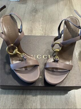Gucci Taupe Leather Horsebit Strappy Heels